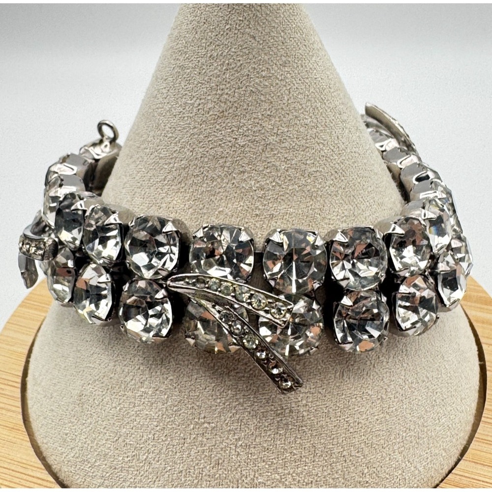 Vintage Rhinestone Bracelet Hollywood Regency Bridal Prom Statement Double Row